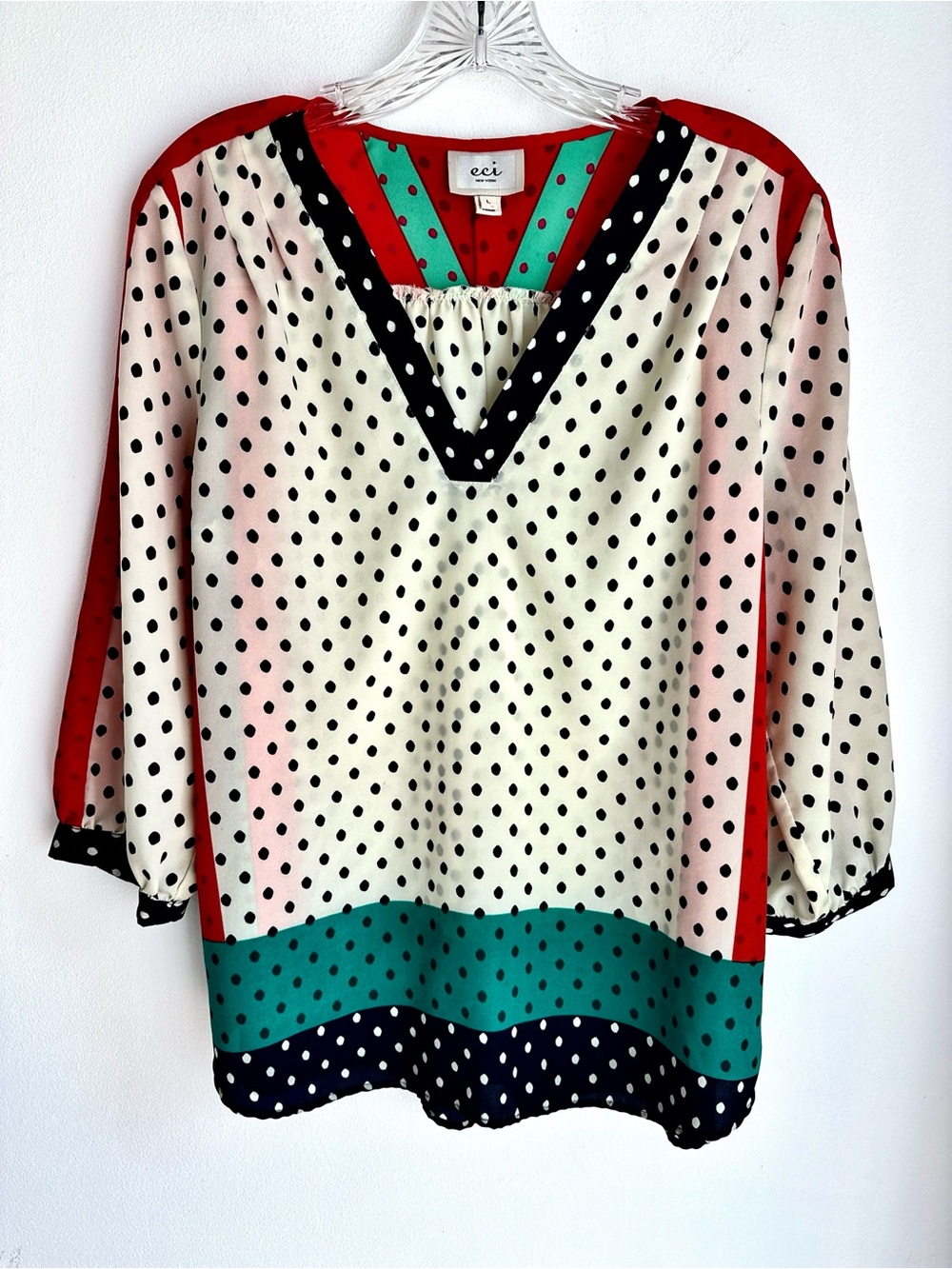 Eci New York Colorblock Polka Dot V-Neck Blouse Size Large